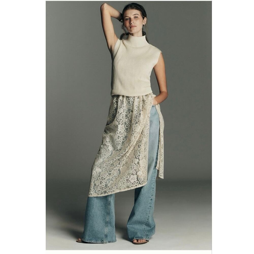 Anthropologie Ivory Knit & Lace Layered Maxi Dress Set Size L NWOT